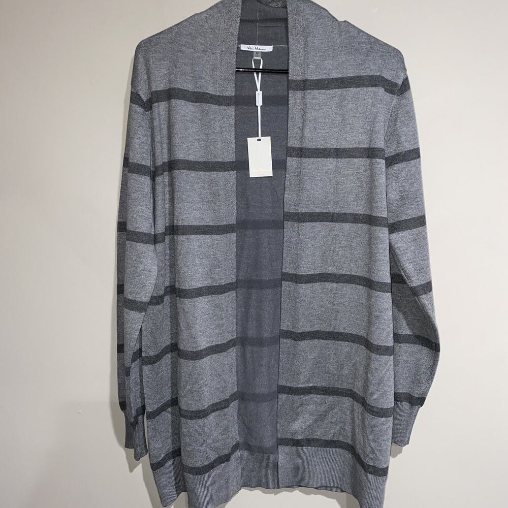 Vila Milano Grey Stripe Open Front Mid Length Cardigan Sweater Classy Sz Med